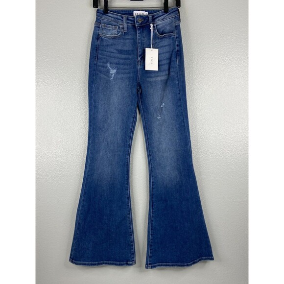 Cello Women Size 5 Denim Jeans High Rise Flare Distressed NWT - Picture 1 of 16